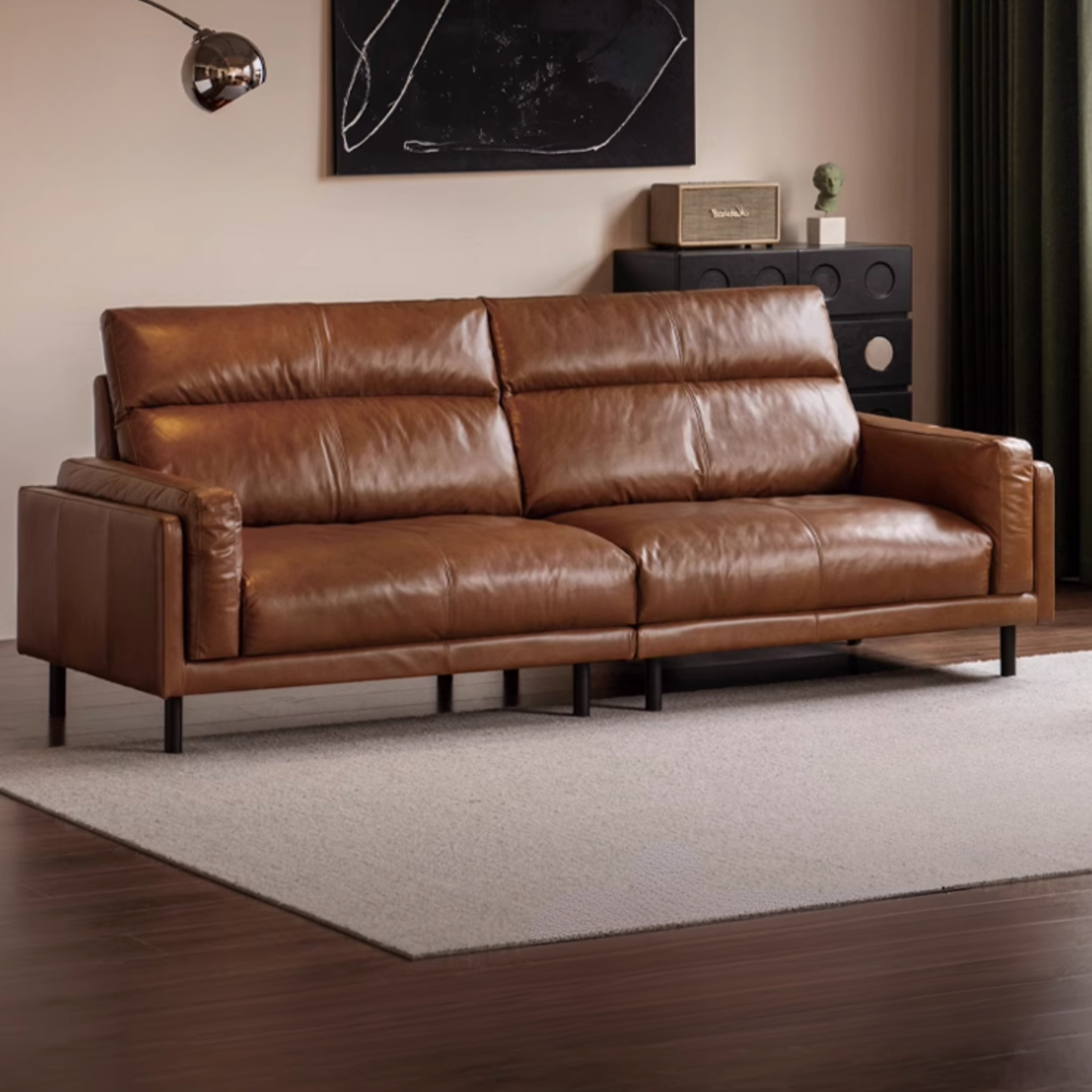 Full Leather High-Back Sofa with Oil-Wax Finish Italian-Style