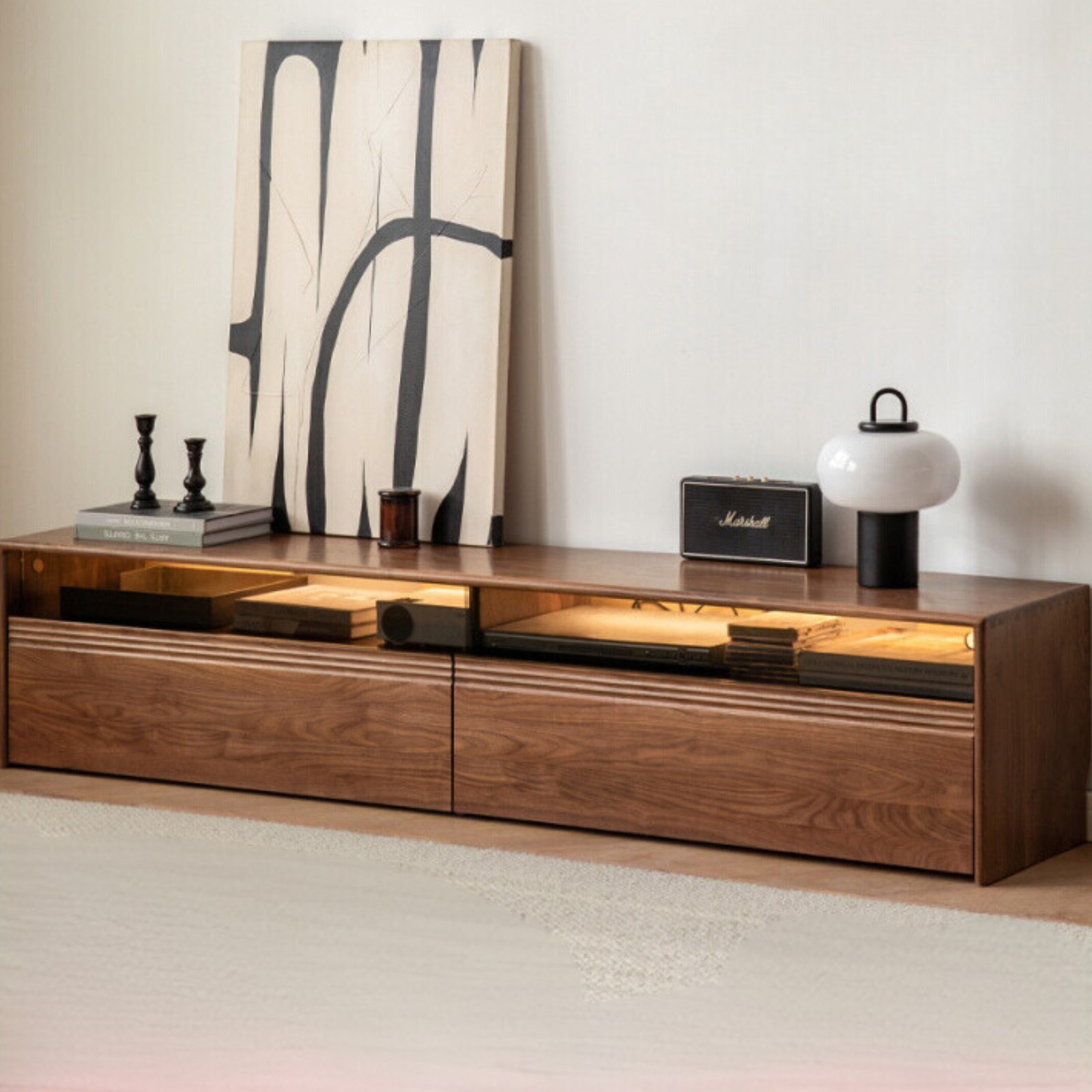 Black Walnut, Oak Solid Wood TV Cabinet LED Light Floor Cabinet.
