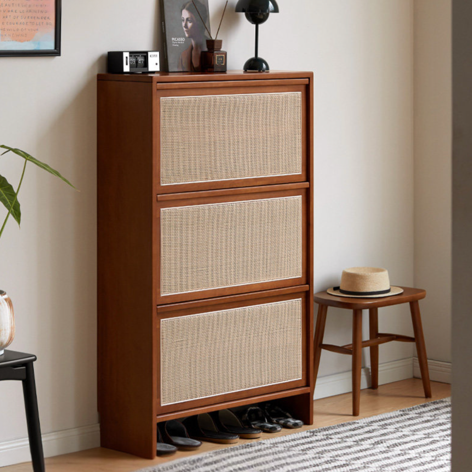 Poplar, Oak Solid Wood Rattan Shoe Cabinet, Slim Entryway Storage Cabinet