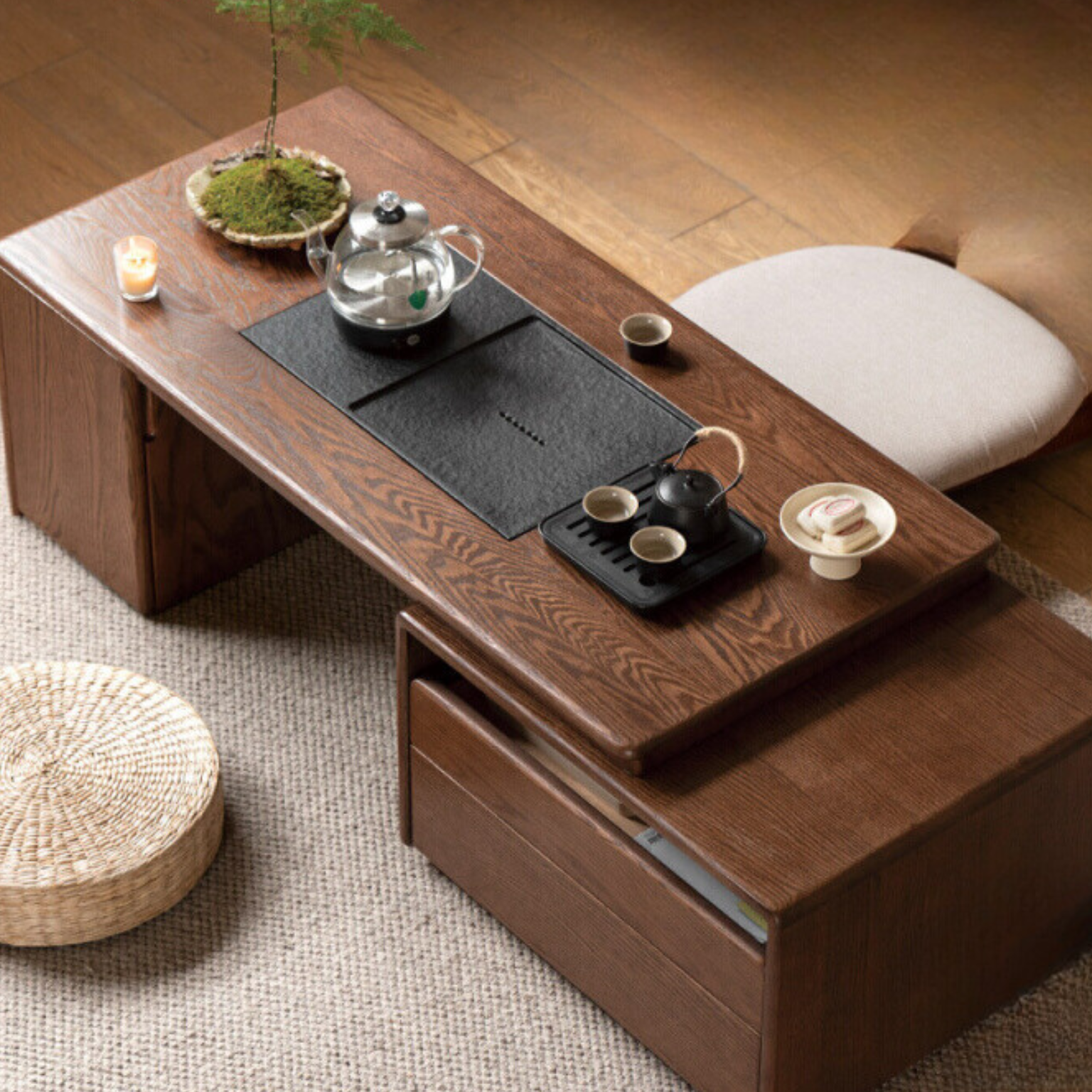 Oak, Black Walnut Solid Wood Retractable Modern Tea Table