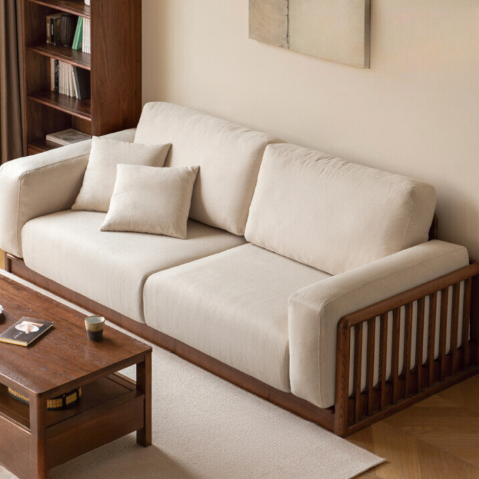 Ash Solid Wood Floor Fabric Tofu Block Sofa.