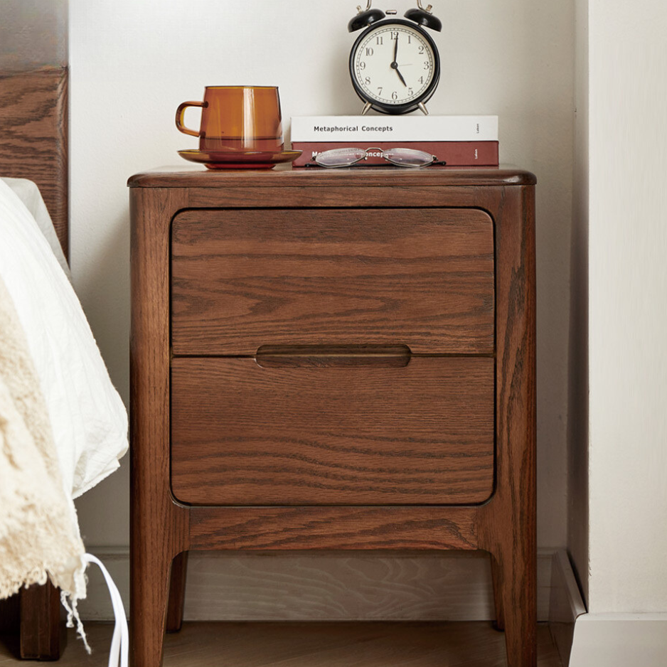 Oak Solid Wood Two-Drawer Nightstand.
