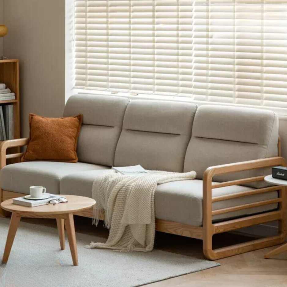 Oak Wood Fabric Sofa String-style Bbackrest.