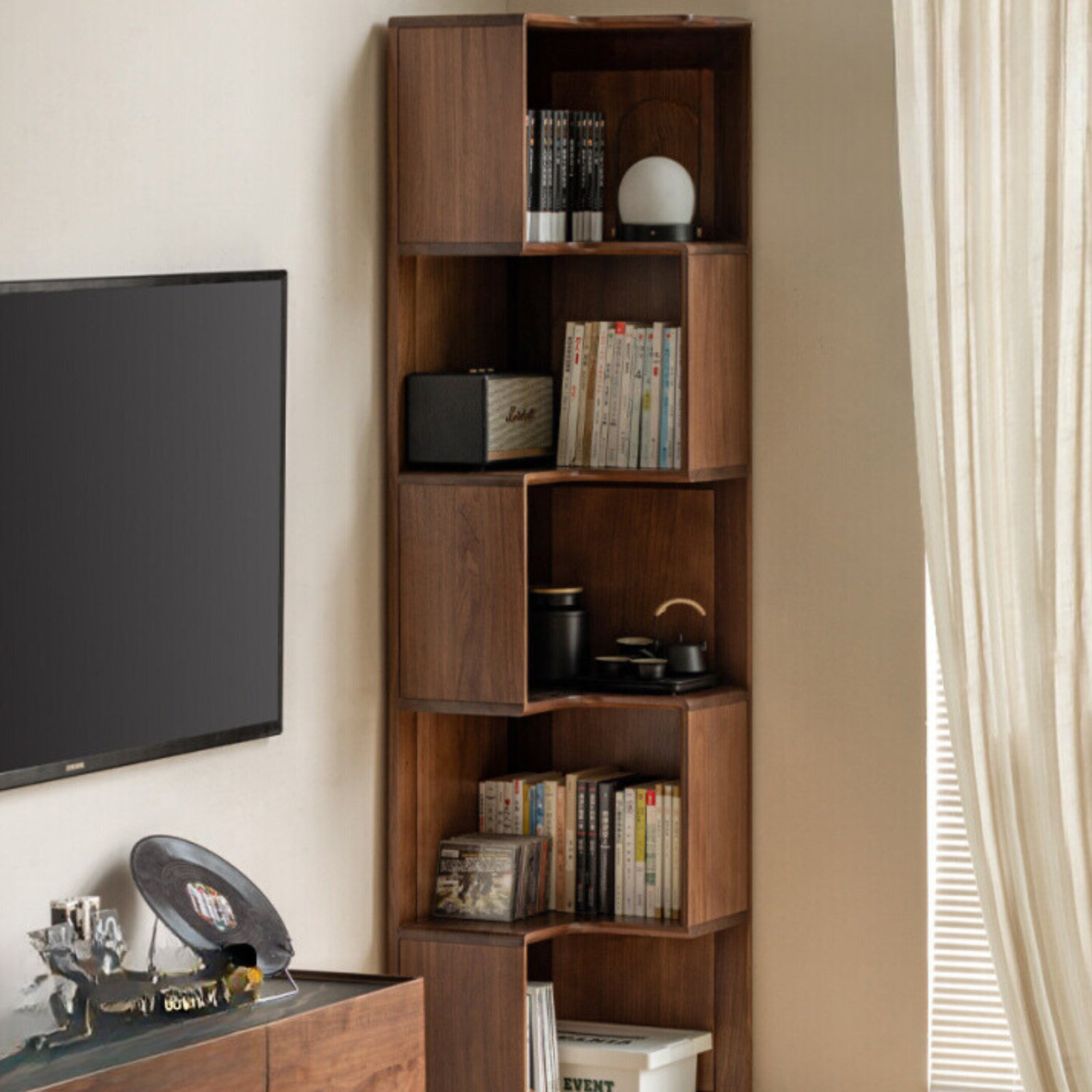 Sandalwood, Black Walnut Solid Wood Corner Storage Bookcase
