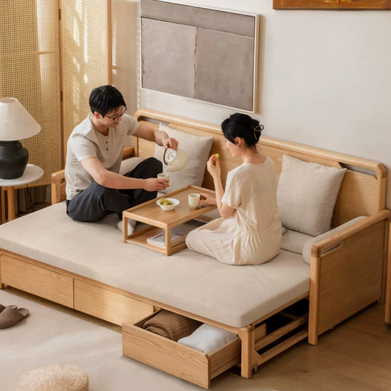 Ash Solid Wood Retractable Multifunctional Box Sofa Bed.