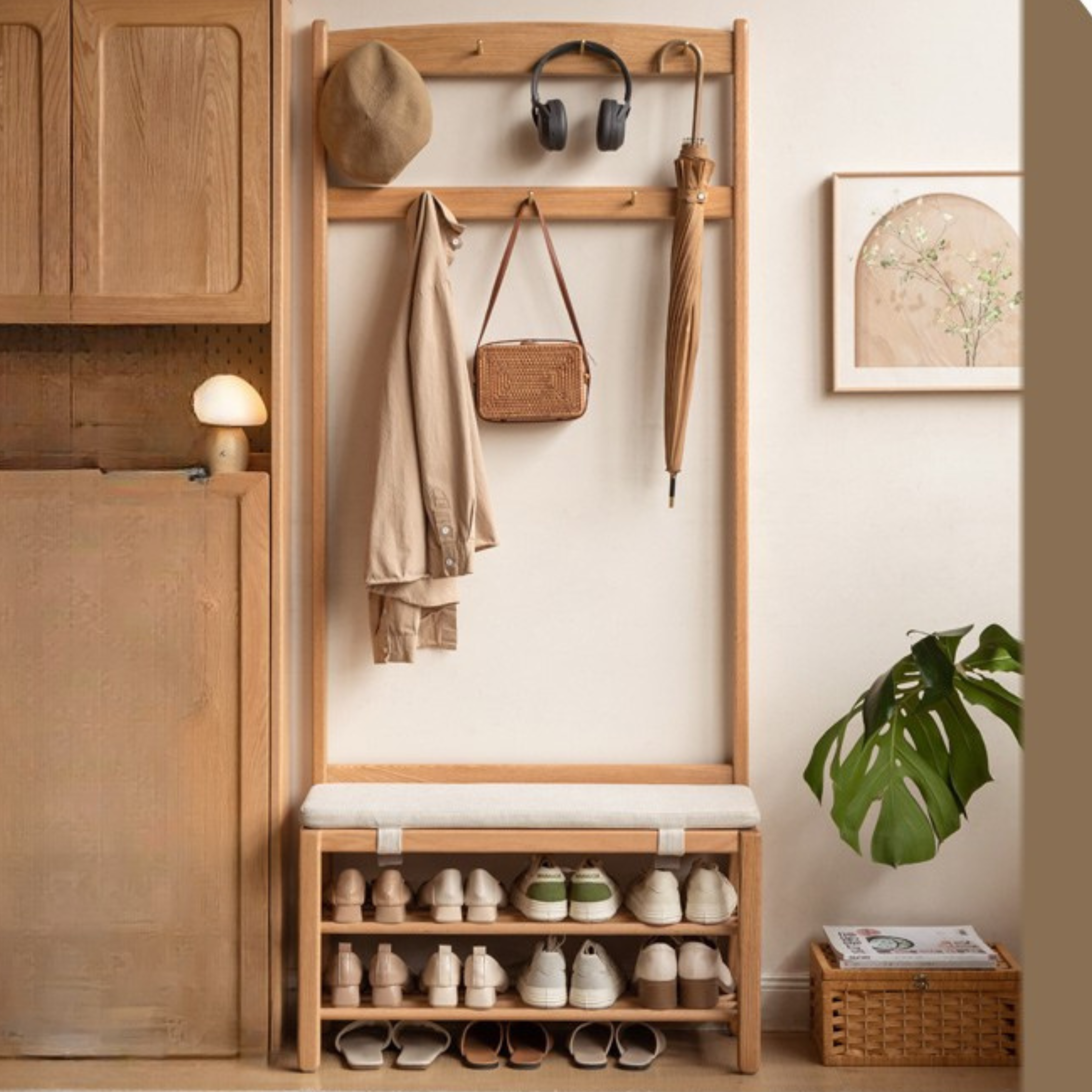 Oak, Beech Solid Wood Shoe Bench With Hanger