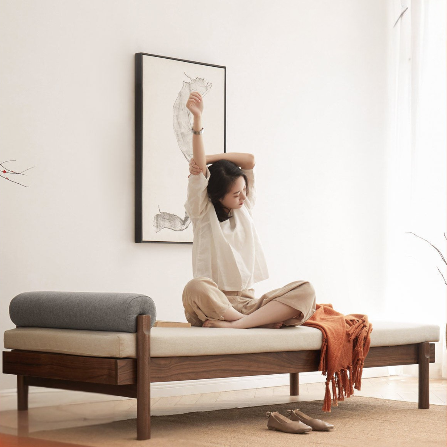 North american black walnut, Ash Solid Wood Single Sleeper Chaise Sofa Bed