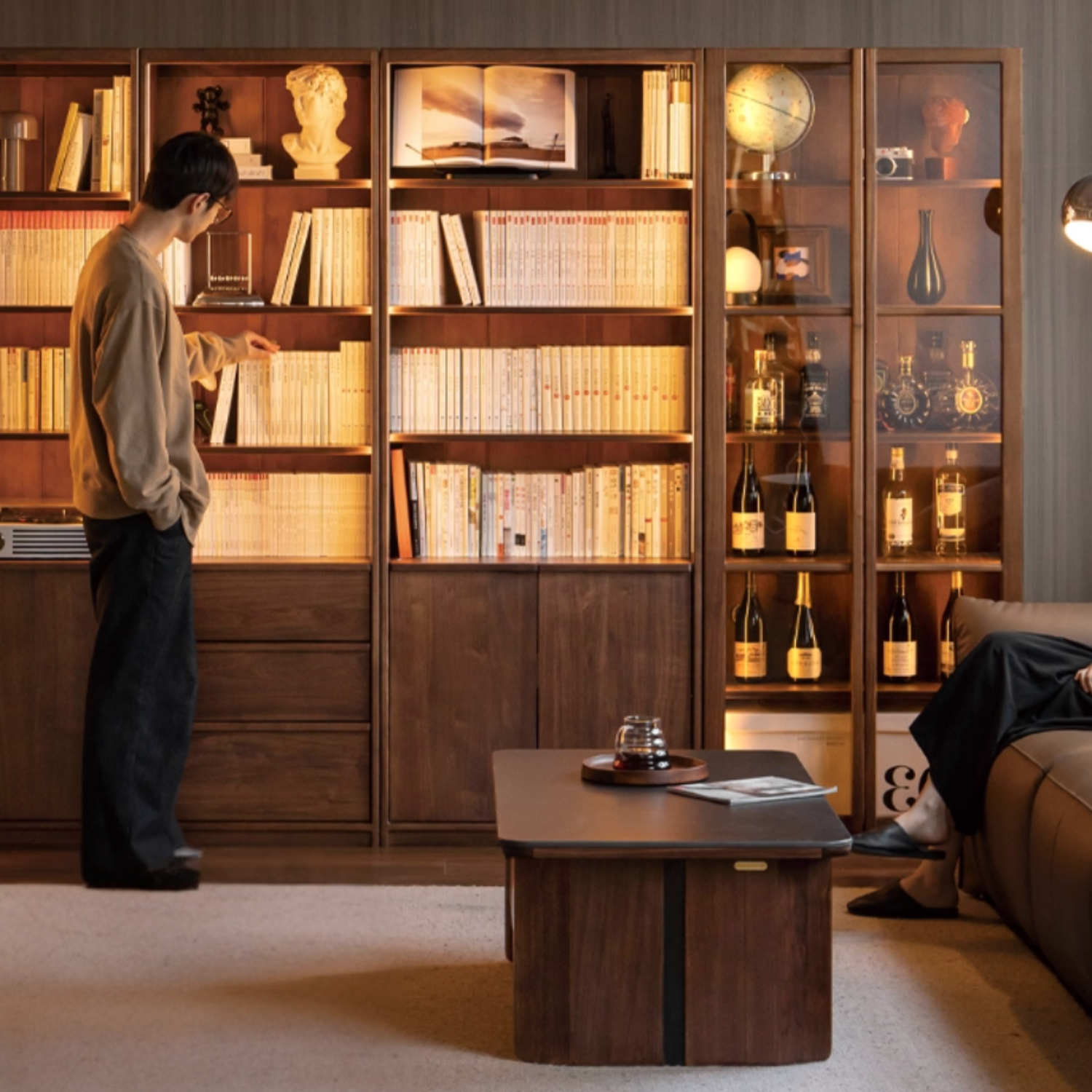 Black Walnut, White Oak Solid Wood Light Luxury Bookcase and Storage