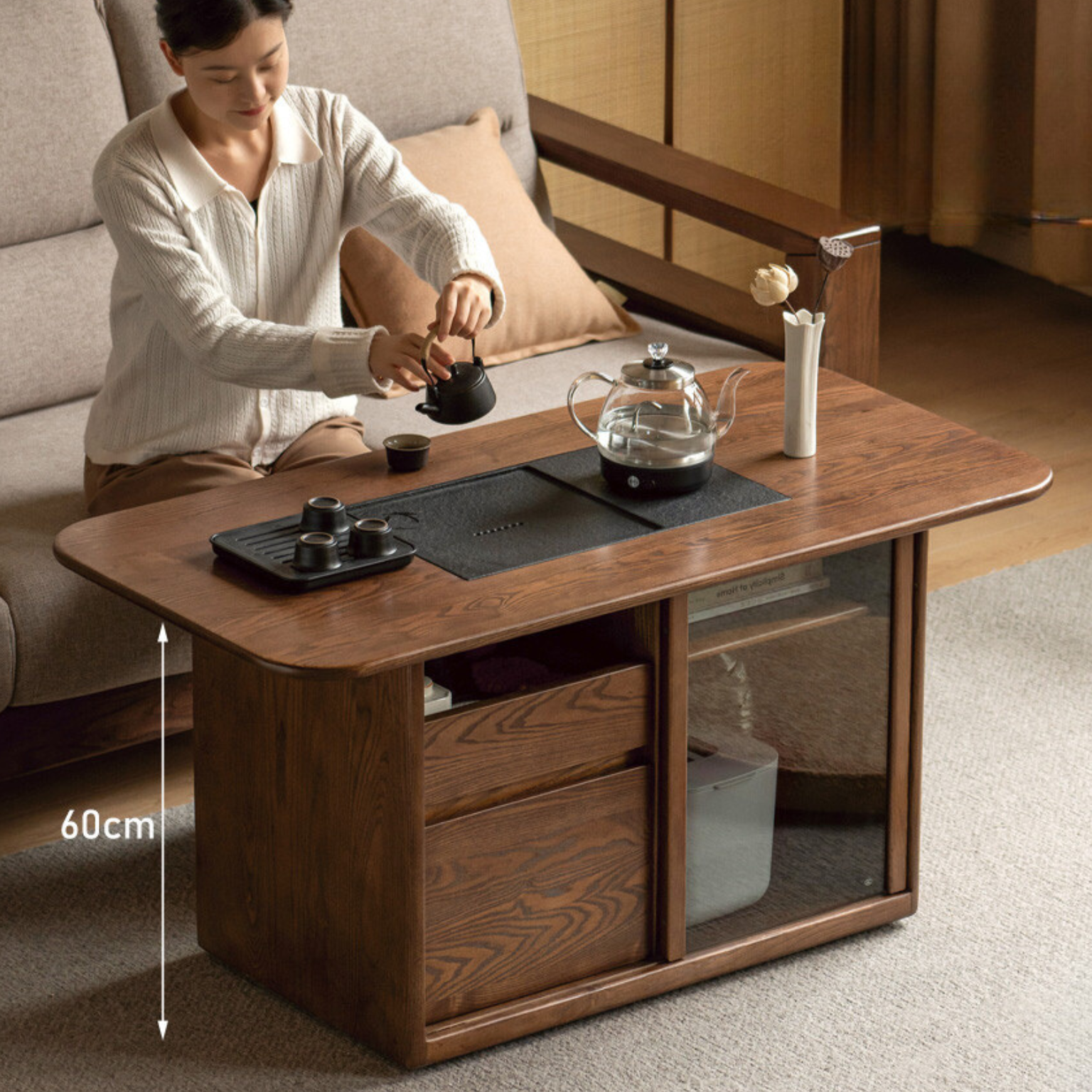Ash Solid Wood Mobile Tea Brewing Integrated Tea Table