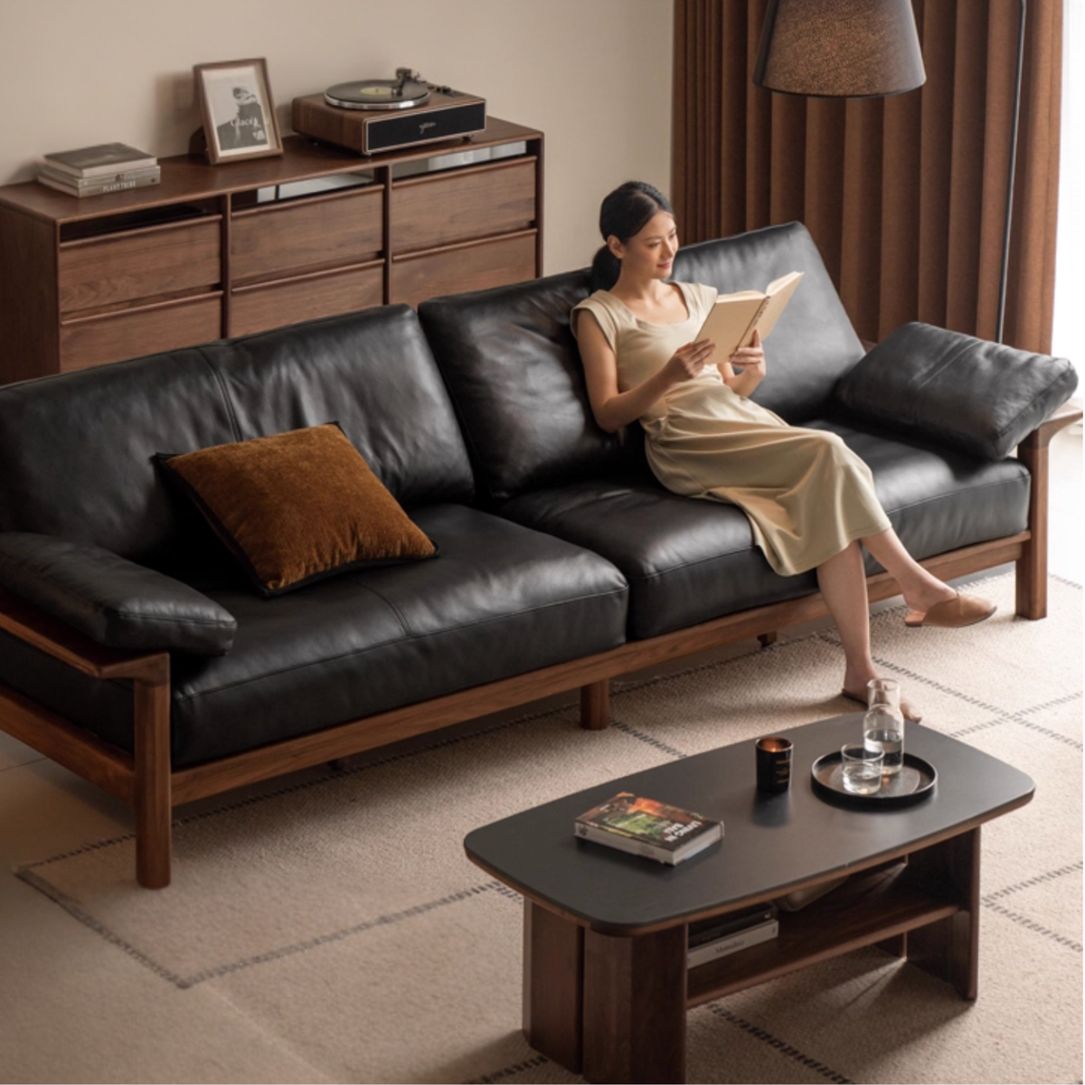a_stand_www ウォールナット　アシモクラフツ Black Walnut, Ash Solid Wood Wabi Sabi Style Genuine Leather Sofa, fab