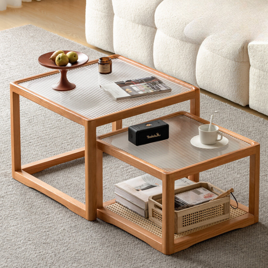 Cherry Solid Wood Square Retro Rattan Coffee Table