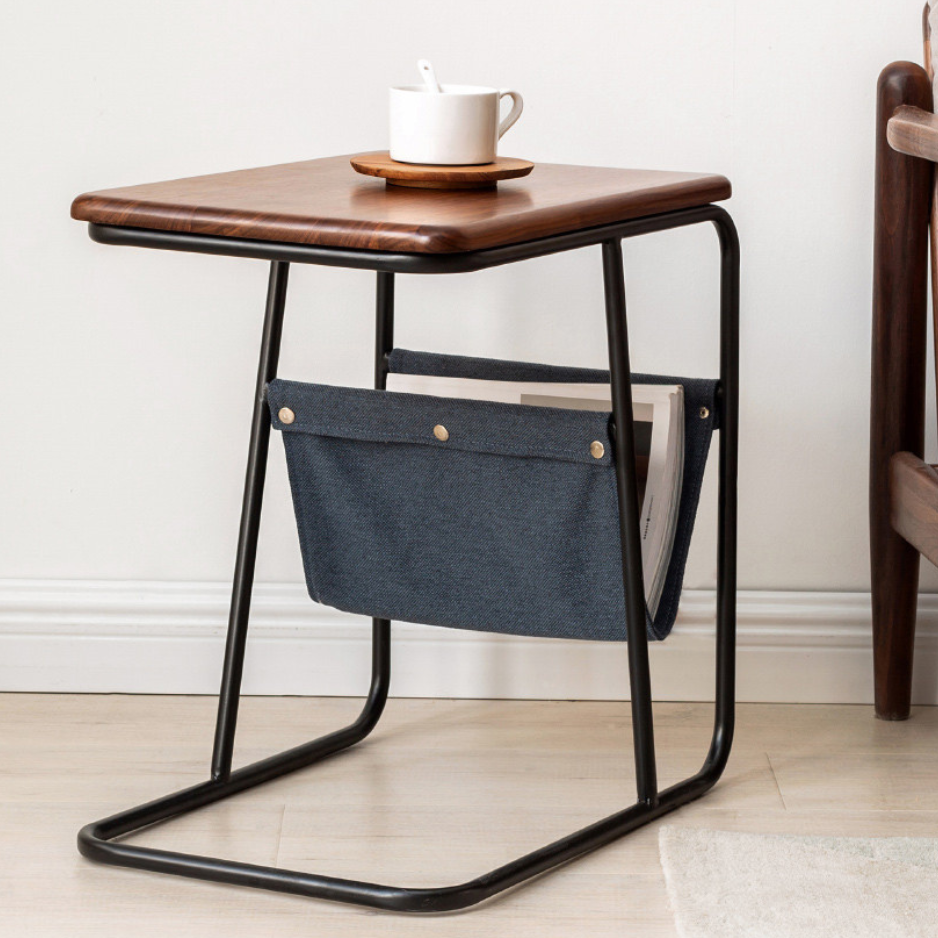 Black Walnut, Oak Solid Wood C-shaped Iron Side Table