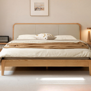Oak Solid Wood Bed Modern Genuine Leather,Technology Cloth, Fabric