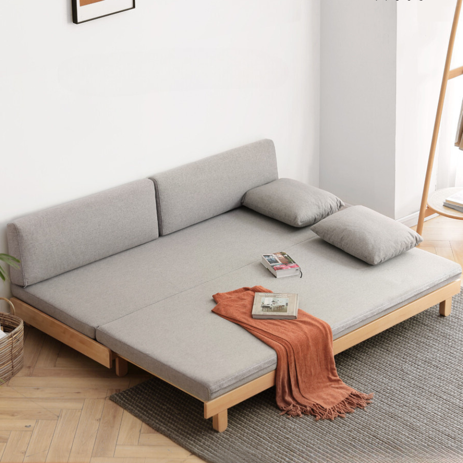 solid wood sofa bed retractable simple European beech sofa small
