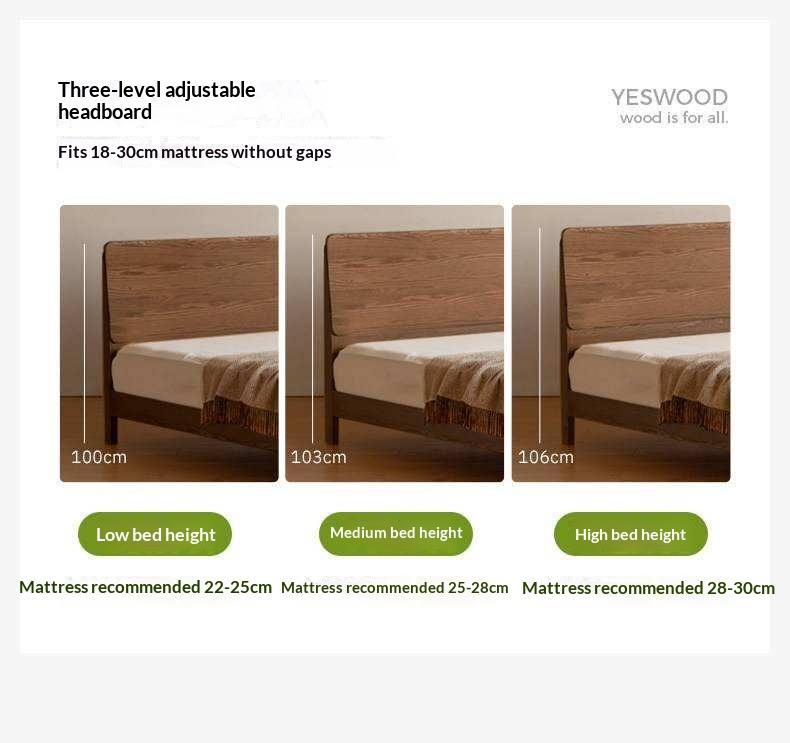 Oak Solid Wood Bed Platform Bed with Rectangular Panel Headboard and Tapered Legs