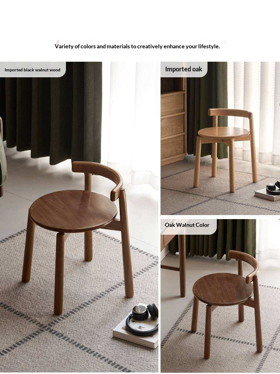 Black Walnut, Oak Solid Wood Low Back Makeup Stool with Round Seat