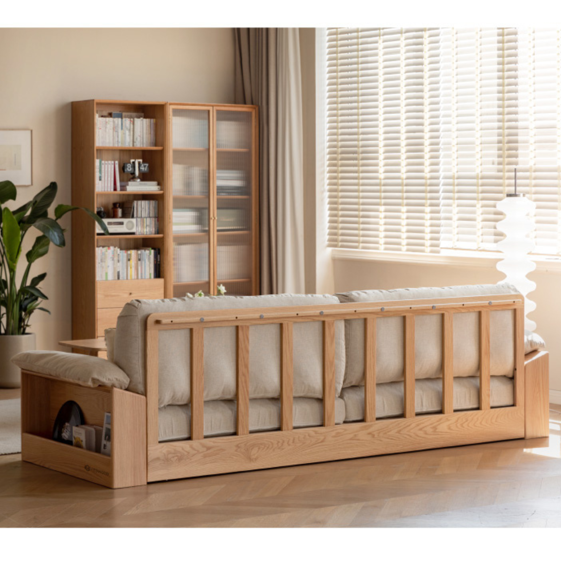 Oak Solid Wood Floor Storage Sofa, Goose Down.