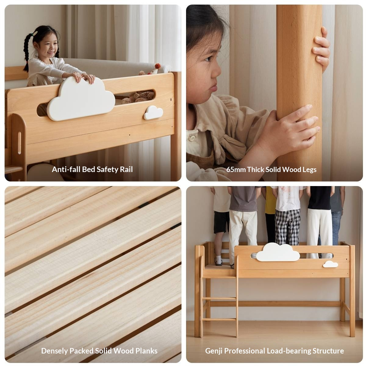 Beech Solid Wood Children's Loft Bed with Under-Table and Storage