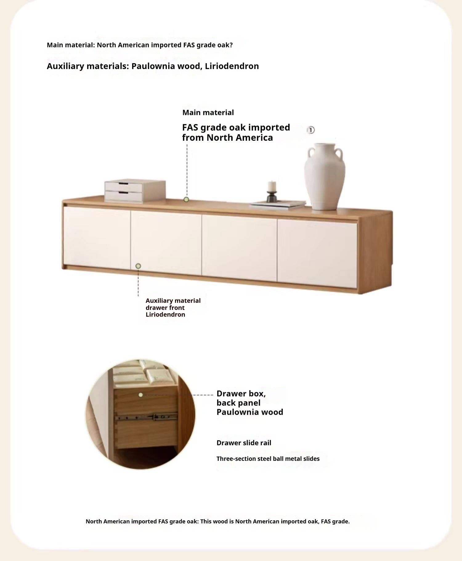 Beech, Oak Solid Wood Modern White Integrated Log Floor TV Cabinet.