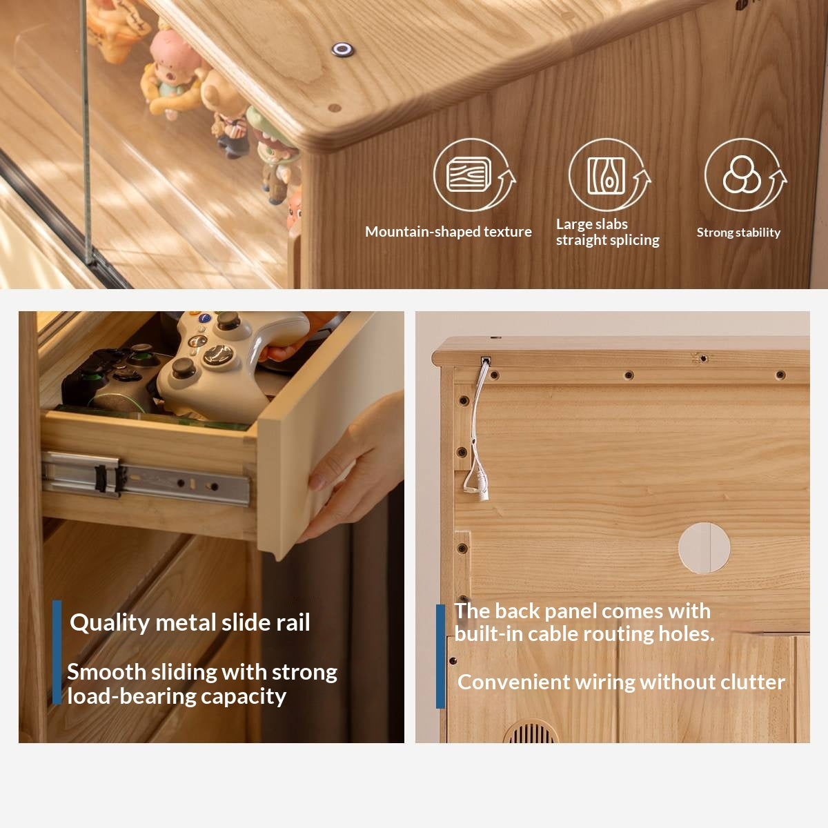 White Ash Wood Solid Wood Side Cabinet with Glass and Light Showcase