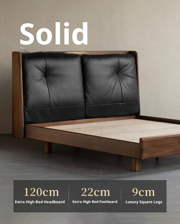 Black Walnut Solid Wood Italian Light Luxury Genuine Leather Soft Bed