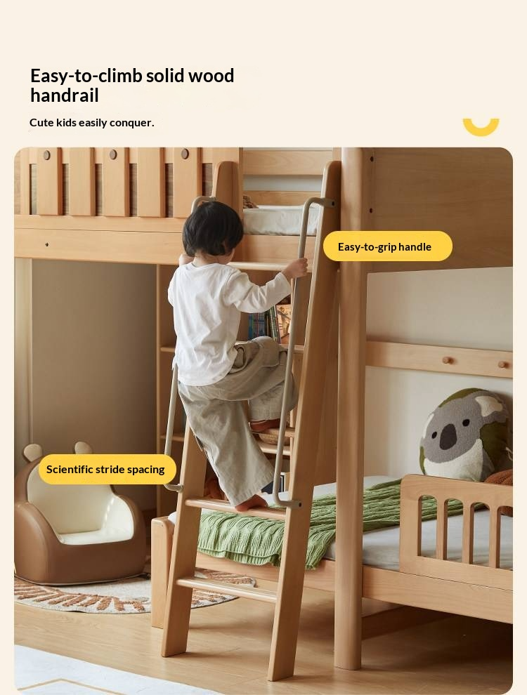 Beech Solid Wood L-Shaped Bunk Bed with Bookshelf Headboard and Detachable Guardrail