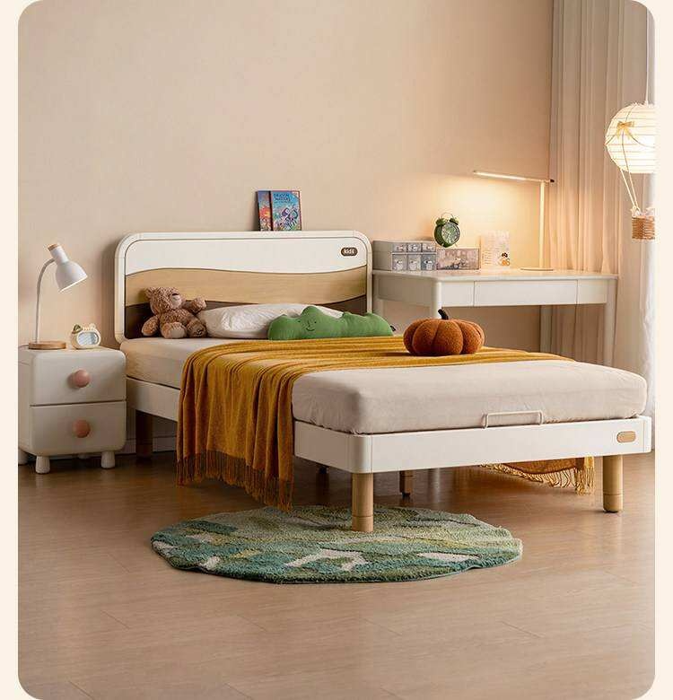 Rubberwood Solid Wood Kids Montessori Platform Bed with Adjustable Headboard, Warm White