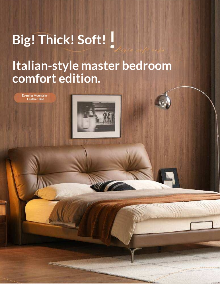 Genuine Leather Platform Bed with Curved Tufted Headboard and Tapered Metal Legs