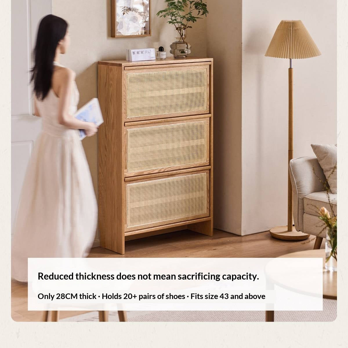 Oak Solid Wood Shoe Cabinet with Modern Minimalist Flip Door, Rattan Accents