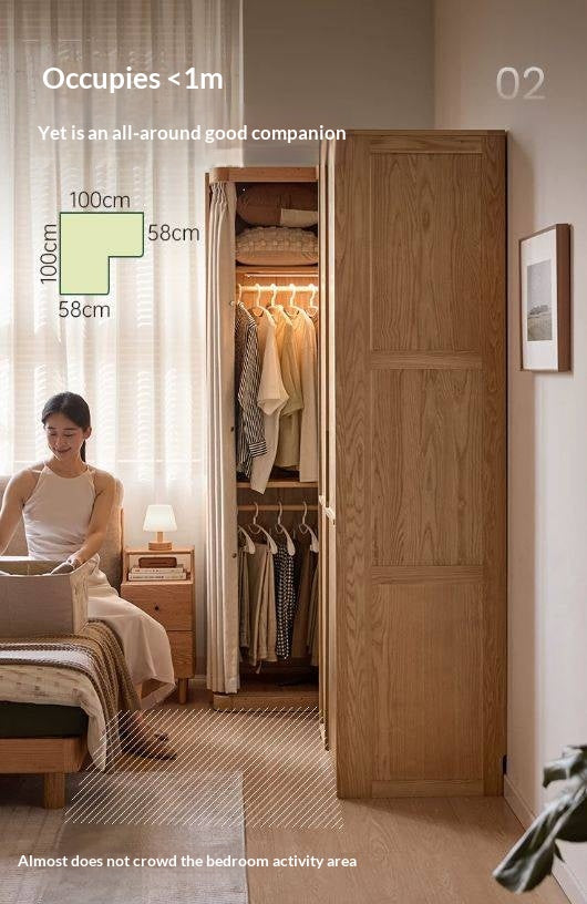 Oak Solid Wood Corner Wardrobe with Removable and Washable Fabric Curtain