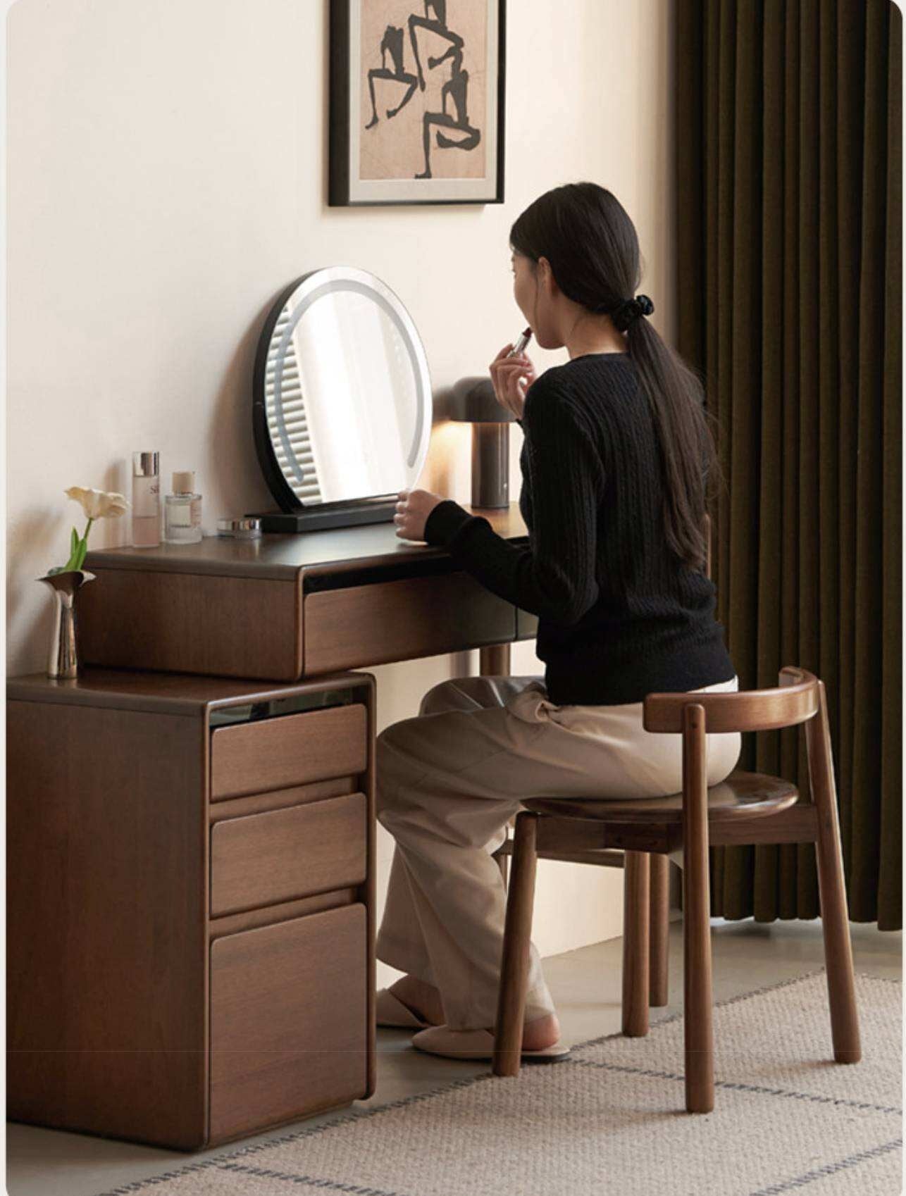 Black Walnut, Oak Solid Wood Low Back Makeup Stool with Round Seat