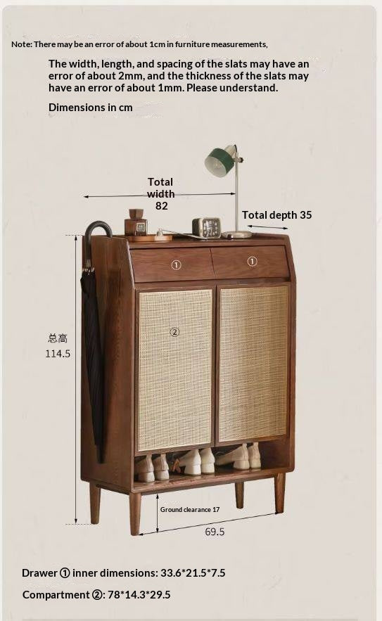 Oak Solid Wood Shoe Cabinet with Rattan Storage