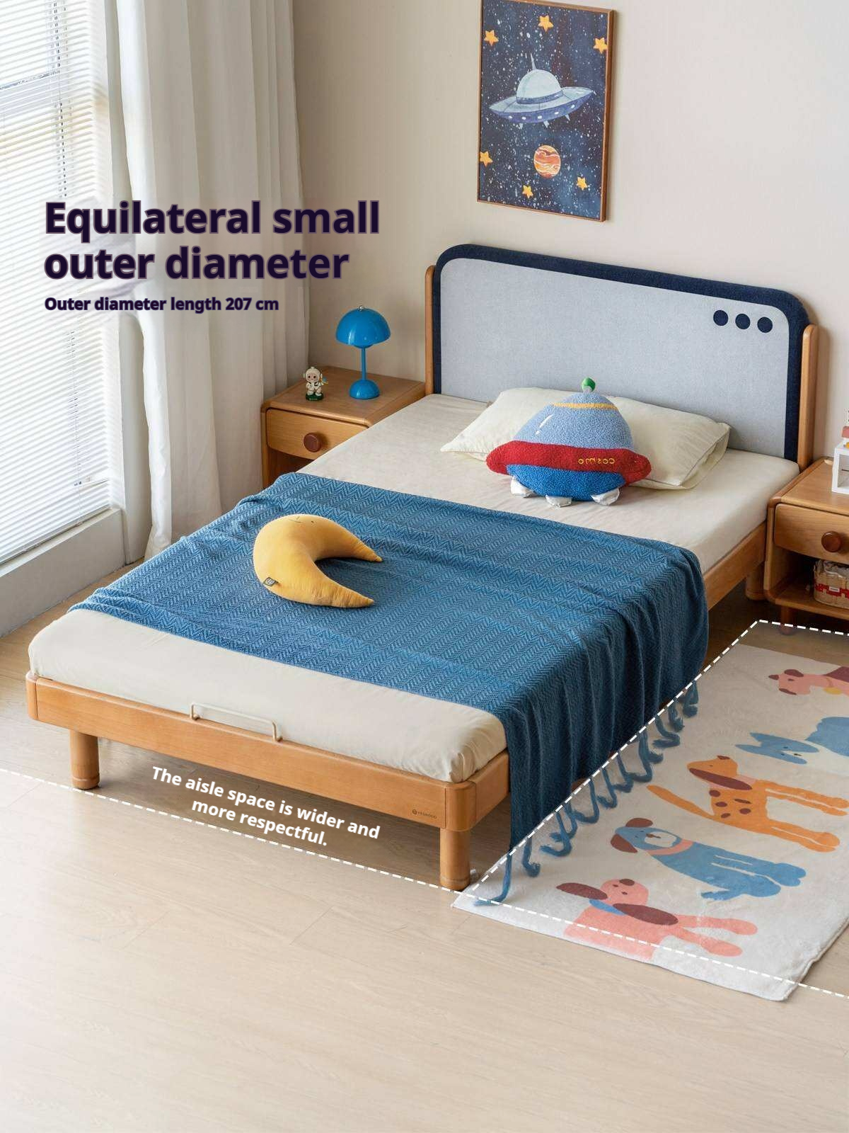 Beech Solid Wood Kids Montessori Platform Bed with Upholstered Headboard