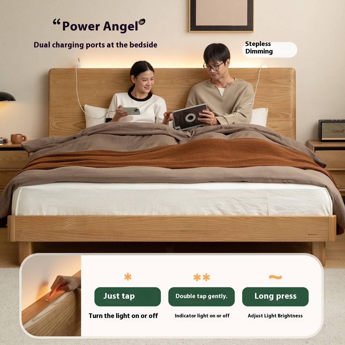 Ash, Beech Solid Wood Modern Simple Luminous Bed