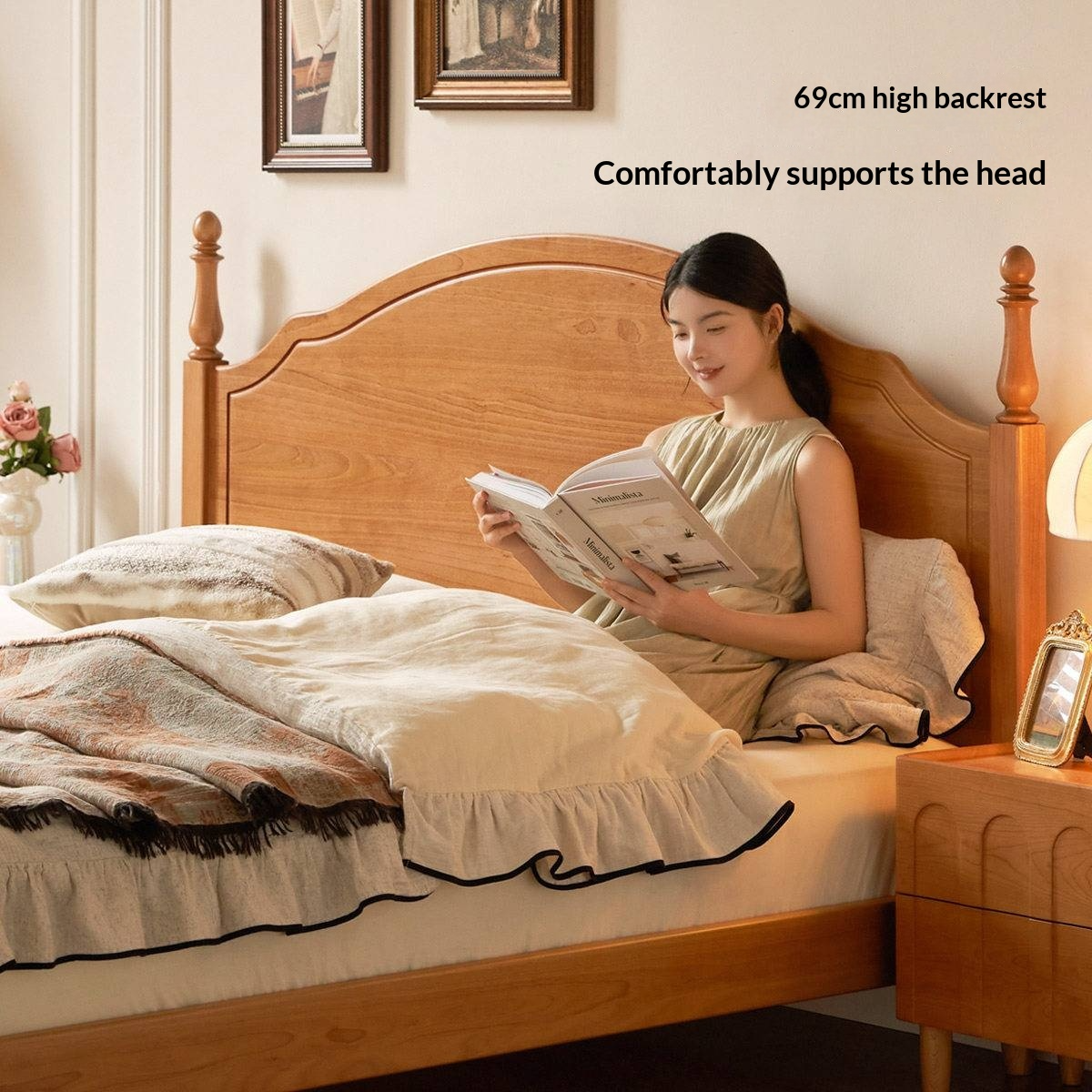 Birch Solid Wood Bed — French Retro Style, Large Slab Design, Mid-Range Style