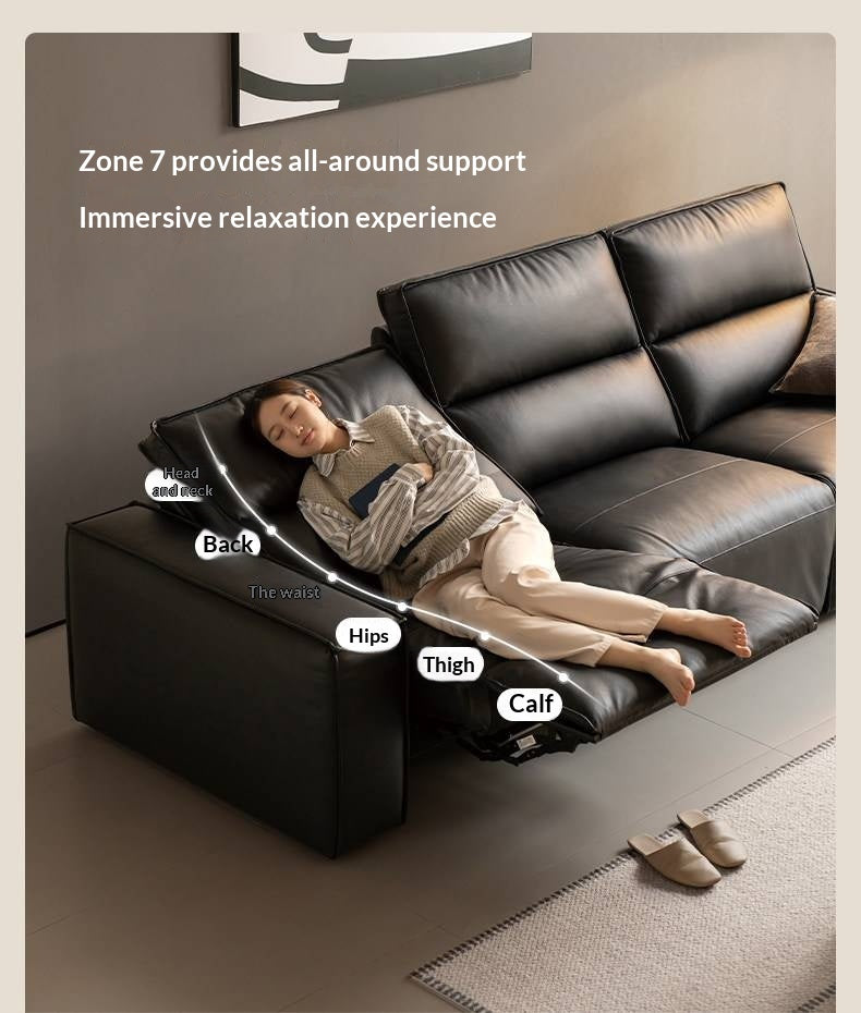 Genuine Leather Power Reclining Sofa with Adjustable Headrests and USB Charging