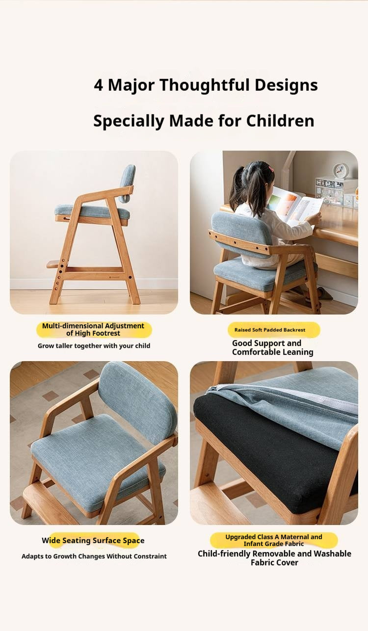 Solid Rubberwood Nordic Style Kids Chair with Adjustable Armrest