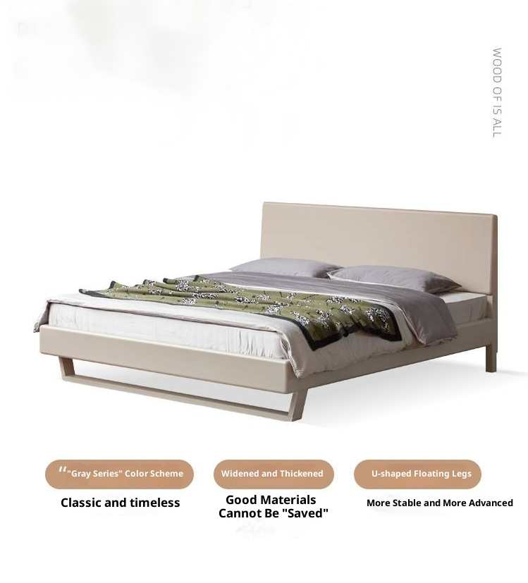 Poplar Solid Wood Floating Bed with Lights, Modern Minimalist