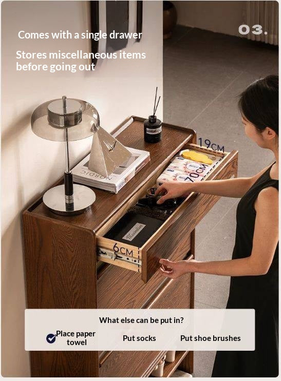 Oak Solid Wood Modern Shoe Cabinet with Flip Drawers and Open Shelf
