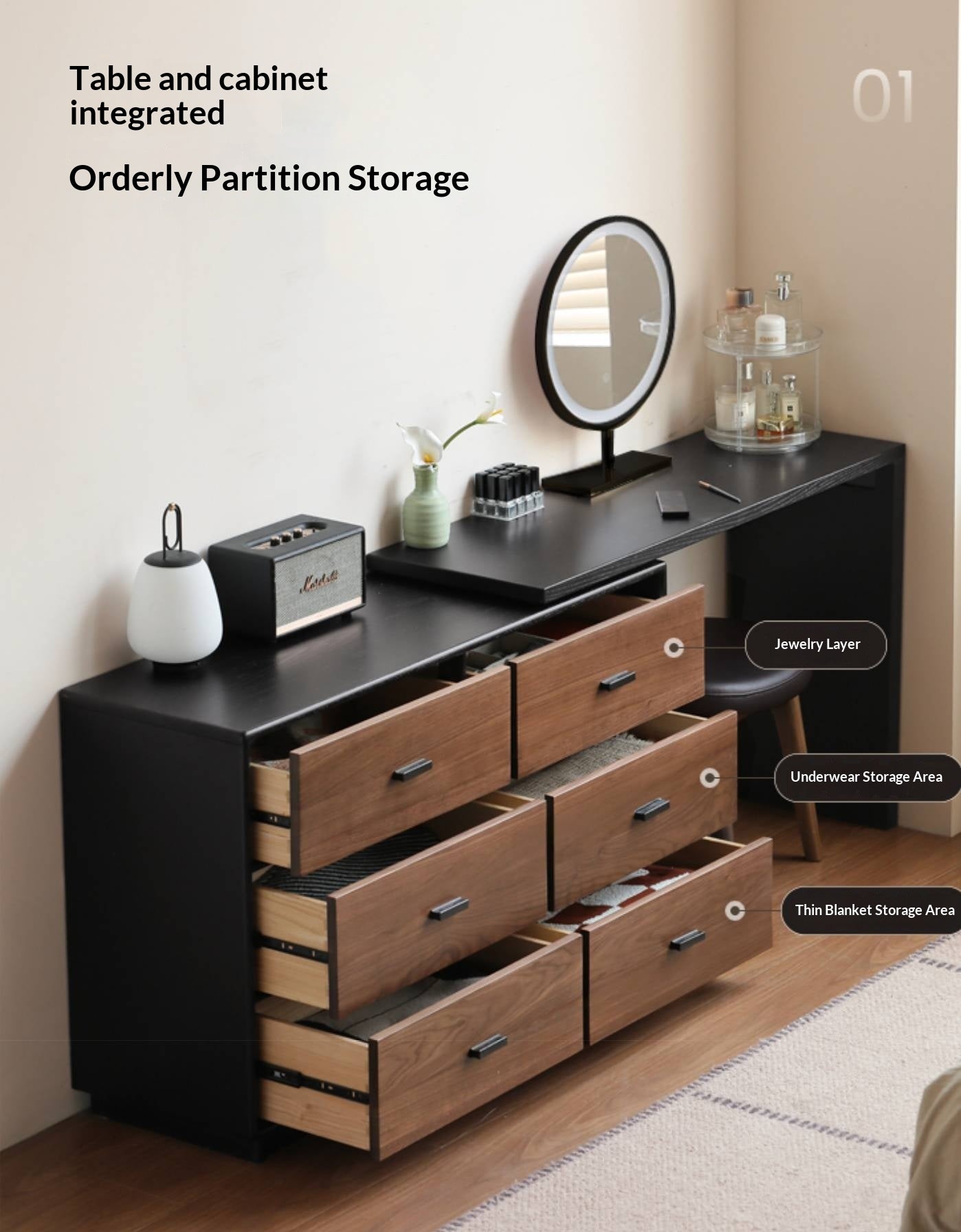 Black Walnut Solid Wood Italian Light Luxury Vanity Table.