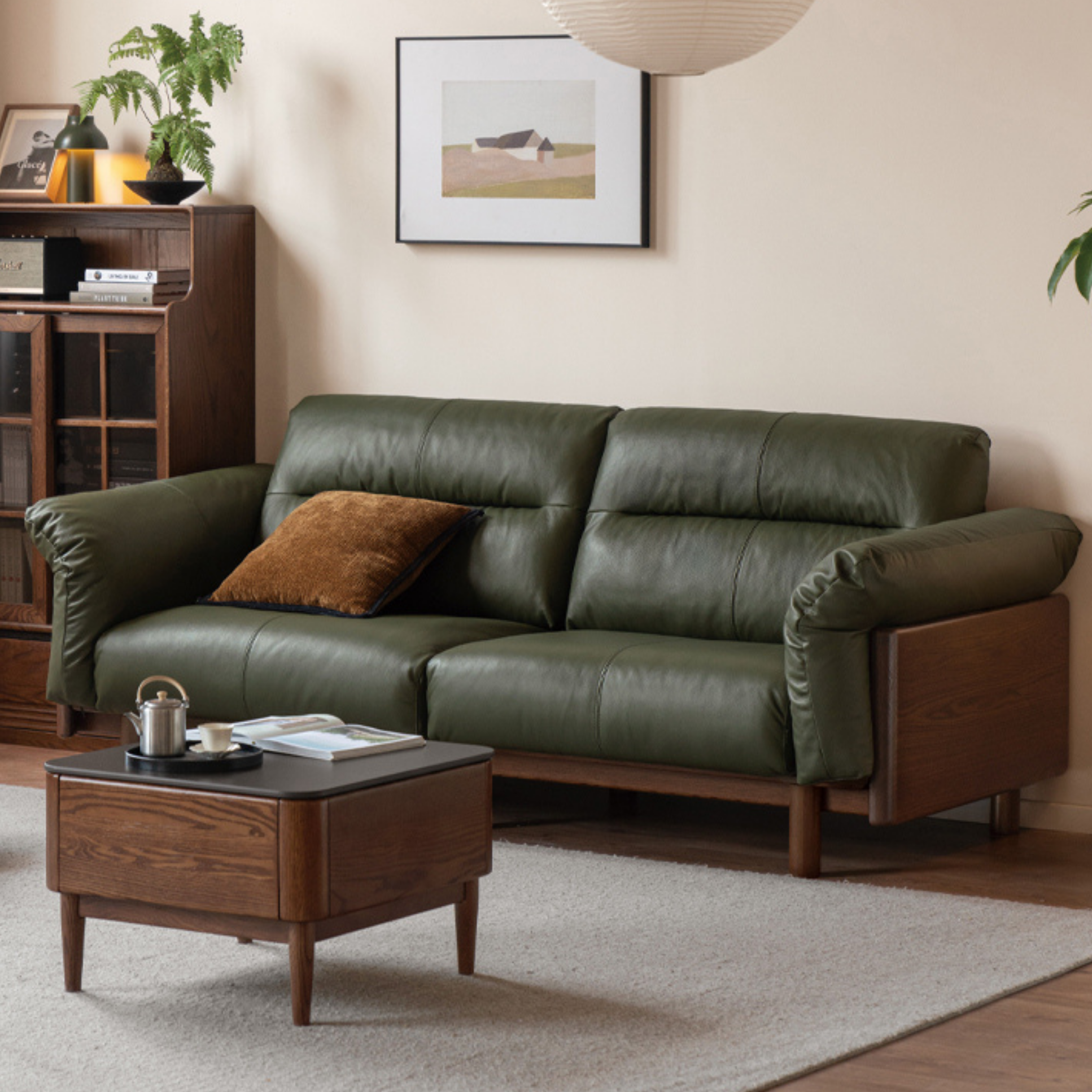 Oak Solid Wood Sofa Genuine Leather, fabrics
