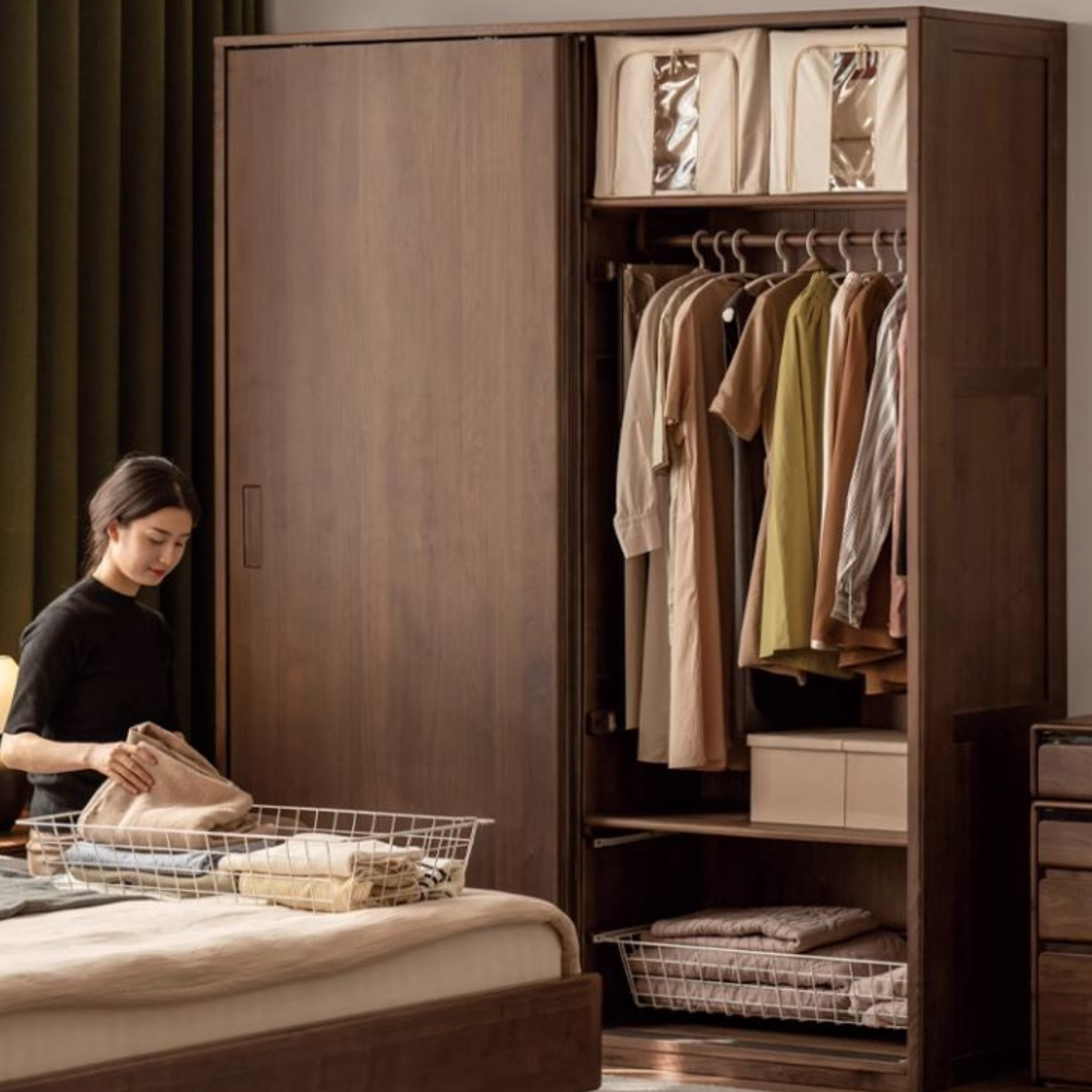 Black Walnut Solid Wood Sliding Door Wardrobe.