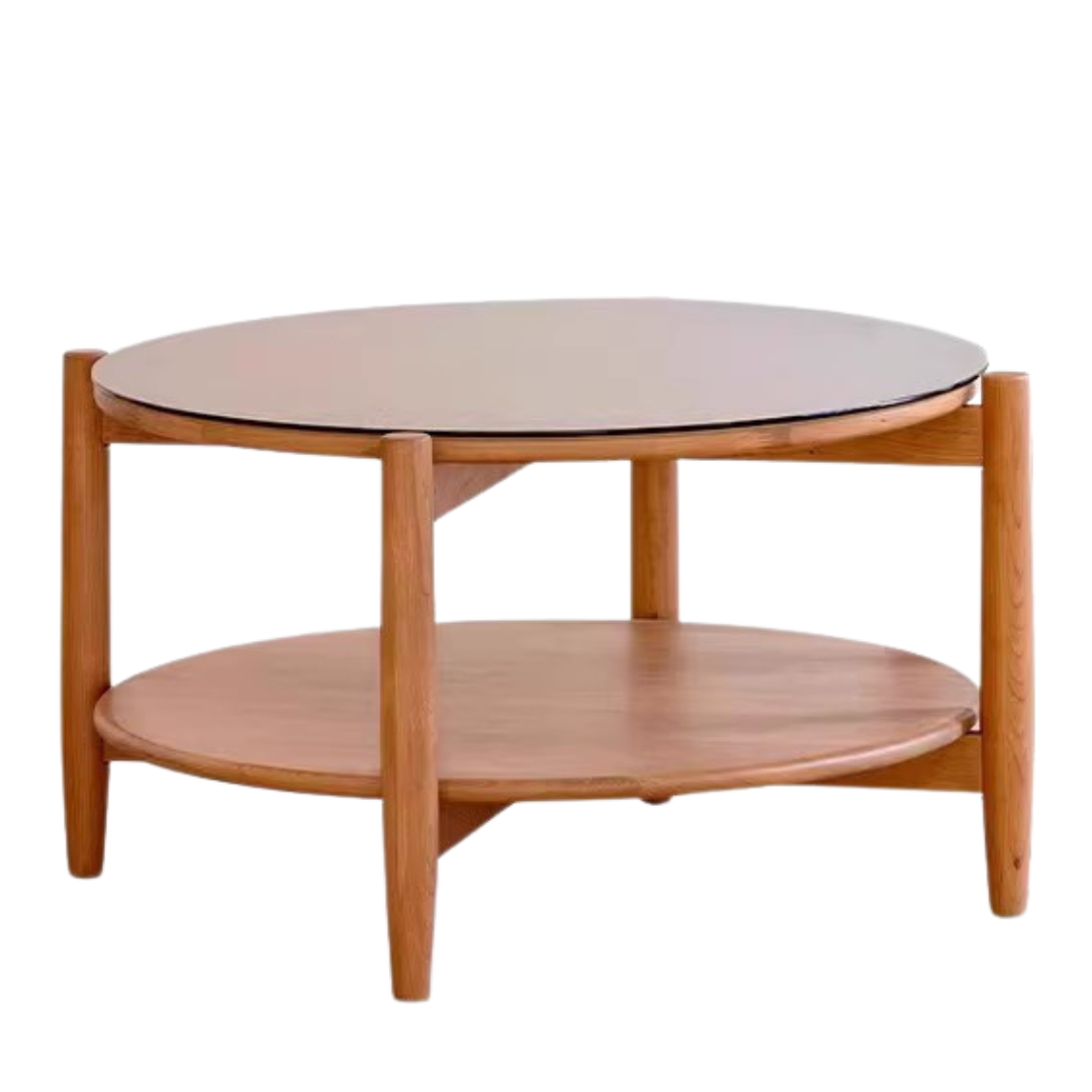 Cherry Wood Rattan Vine Weaving Glass Retro Coffee Table Combination