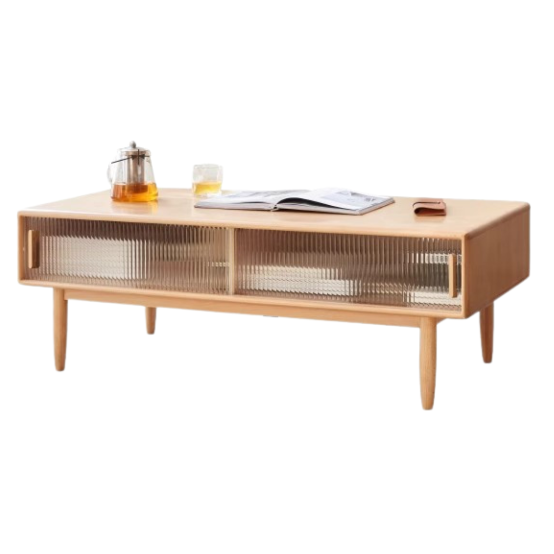 Beech Solid Wood Glass Sliding Door Coffee Table