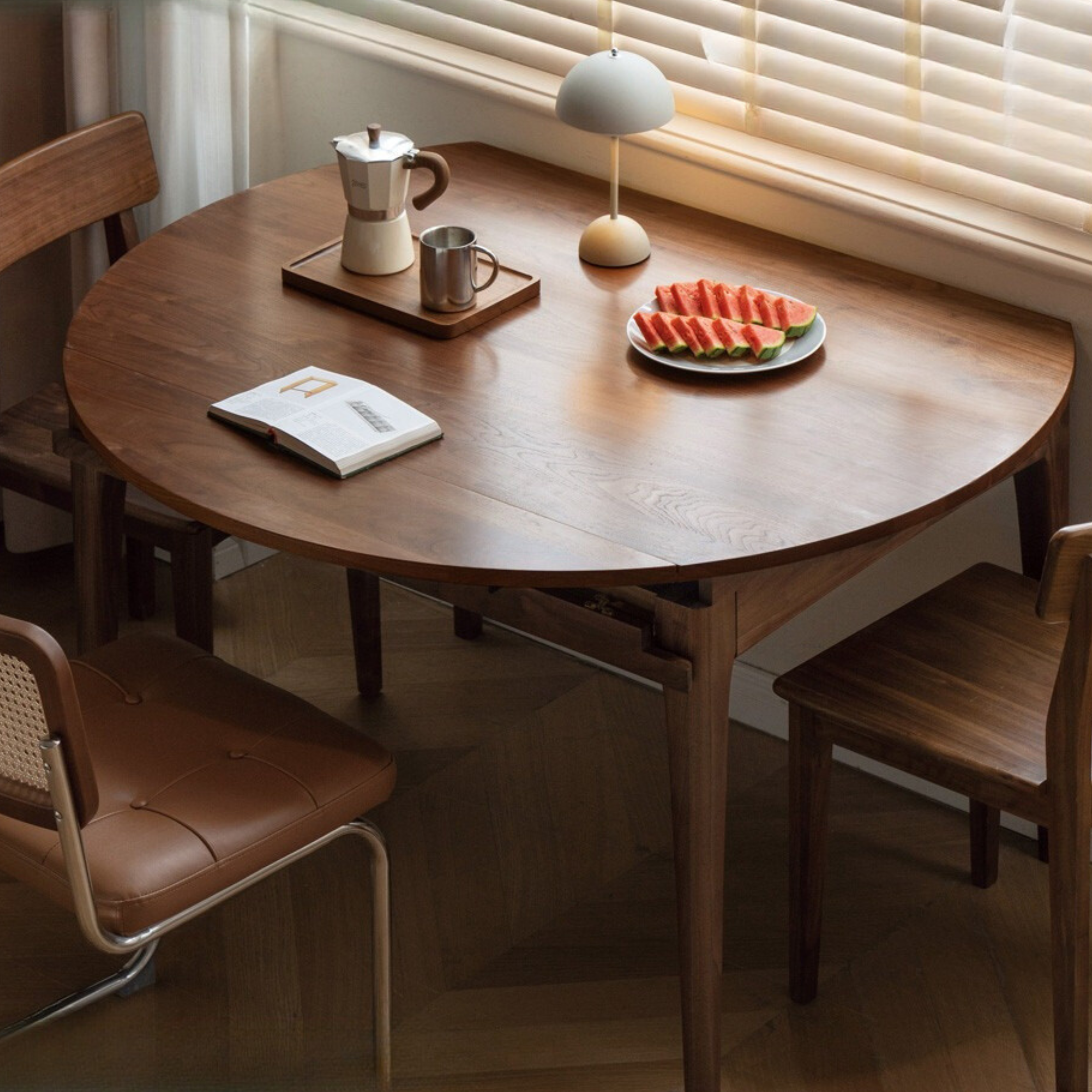 Black Walnut, Oak Solid Wood Modern Folding Round Dining Table