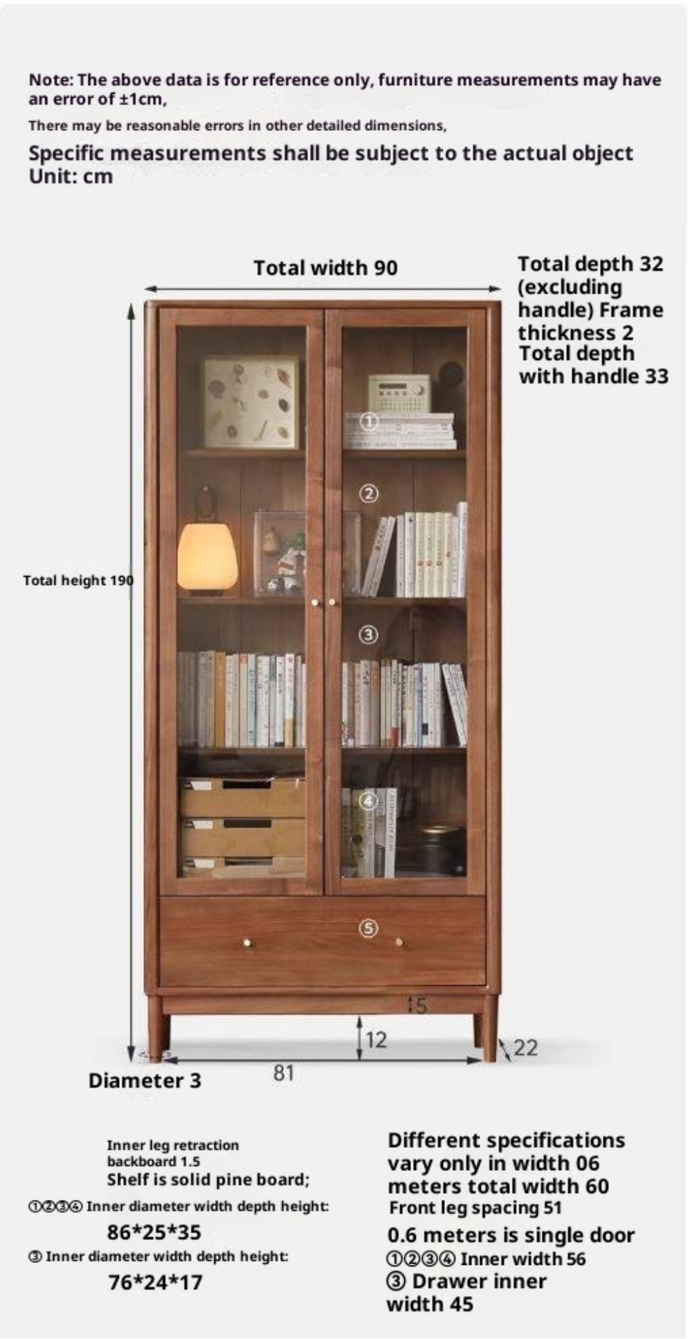 Black Walnut Solid Wood Bookcase With Glass Door