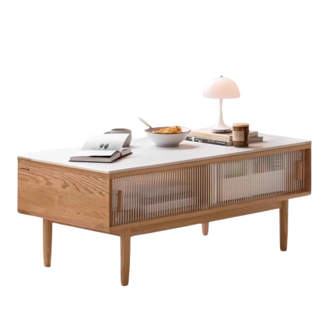 Oak, Beech, Solid Rubberwood Glass Doors Coffee Table