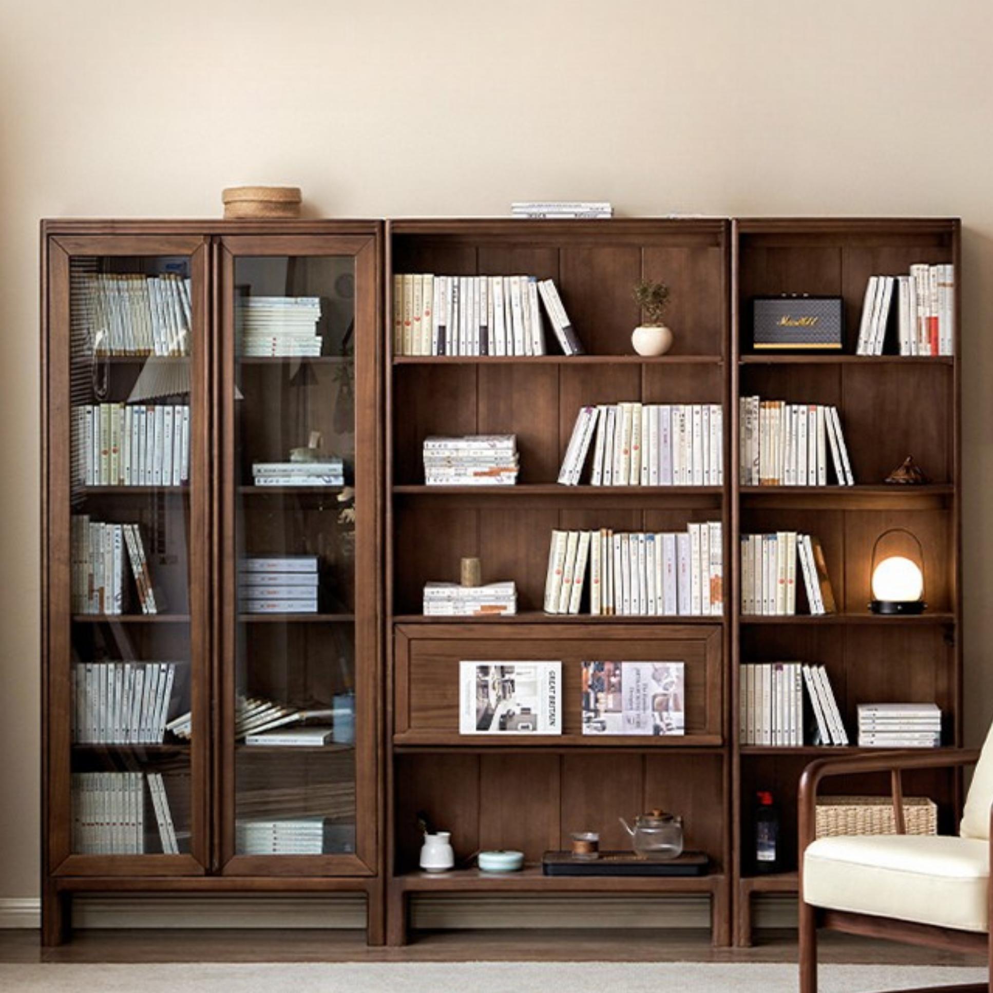 Black Walnut, Oak Solid Wood Nordic Bookcase with Glass Door