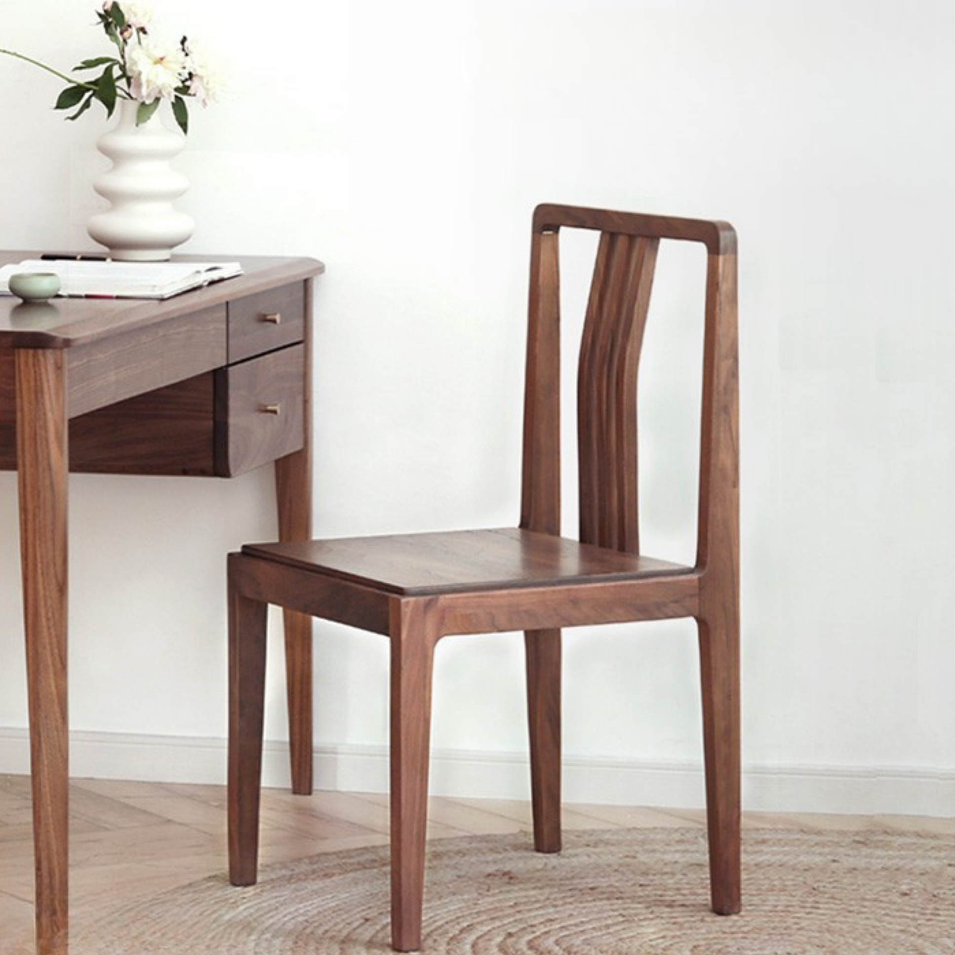 Set 4 pcs Black Walnut, Ash Solid Wood Dining Chair with Backrest 4pcs