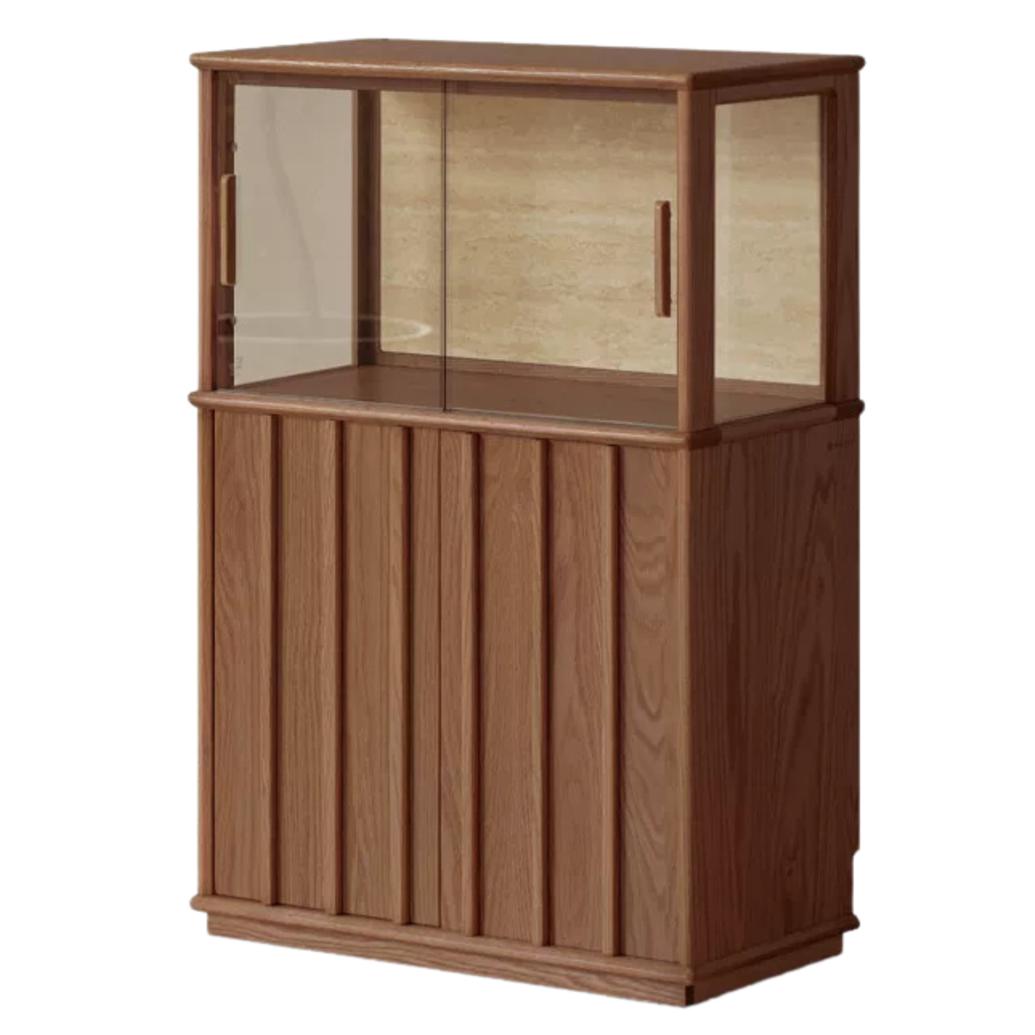 Oak Solid Wood Lighted Display Cabinet with Glass Door and Fluted Wood Panels